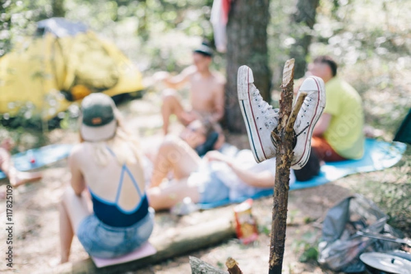 Obraz Hipster people relaxing with tents