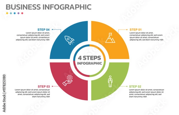 Obraz Visual data presentation. Cycle diagram with 4 options. Pie Chart Circle infographic template with 4 steps, options, parts, segments. Business concept. Editable pie chart with sectors.