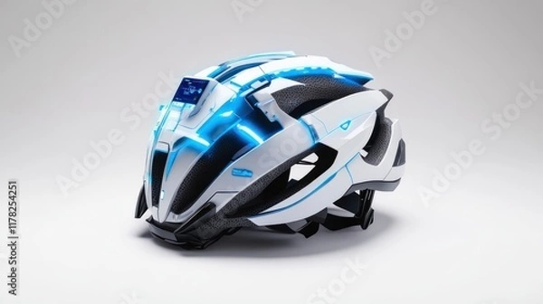 Fototapeta Futuristic helmet with blue lights and digital display.