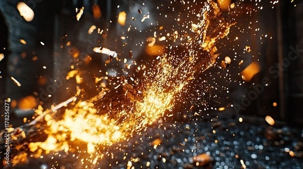 Fototapeta Le choc violent de la matière incandescente libère une gerbe spectaculaire d'étincelles lumineuses, symbolisant la puissance brute et la transformation.