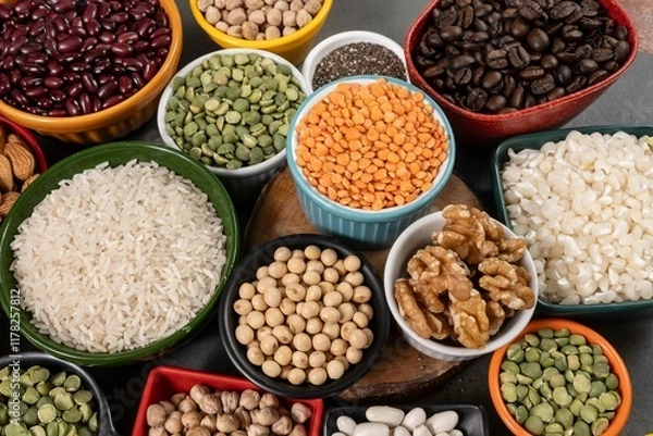 Obraz several pots with raw grains for preparing healthy food