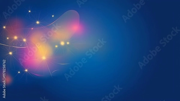 Fototapeta Abstract background with glowing particles and soft shapes on a dark blue backdrop.