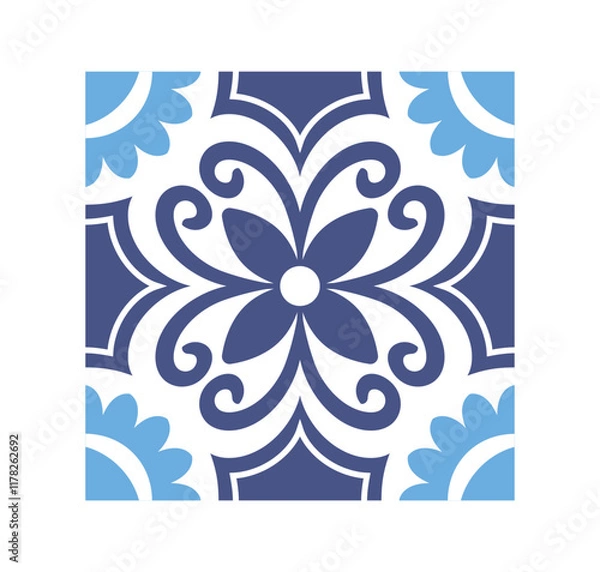 Fototapeta Decorative floral tile design with intricate blue and white patterns, featuring a symmetrical floral motif on a plain white background. Vector illustration