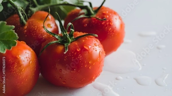 Fototapeta Fresh Red Tomatoes with Water Droplets on a White Surface