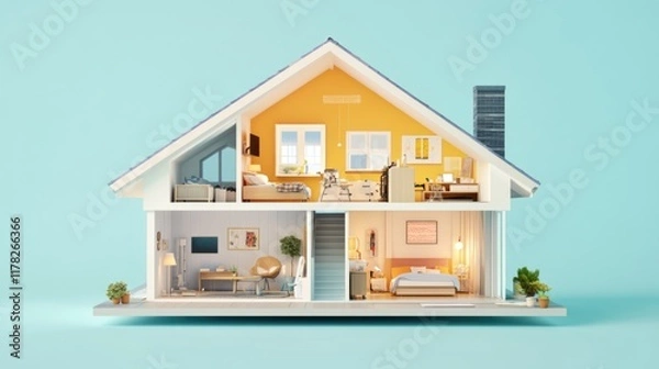 Obraz A colorful, modern dollhouse showcasing interior design and living spaces.