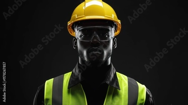 Obraz A construction worker in safety gear poses against a dark background, emphasizing safety.