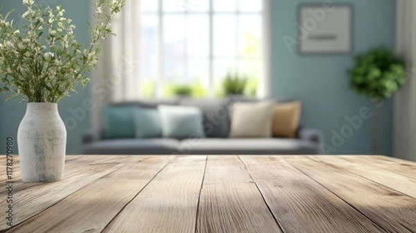 Obraz A cozy living room scene with a wooden table and a vase of flowers in the foreground.