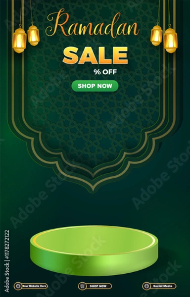 Fototapeta ramadan sale discount template banner with 3d podium for product sale with green background design 02