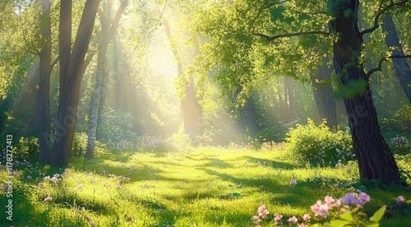 Fototapeta spring forest nature landscape-  beautiful sunny spring glade