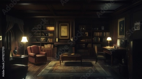 Obraz A cozy, dimly lit study featuring bookshelves, armchairs, and a warm atmosphere.
