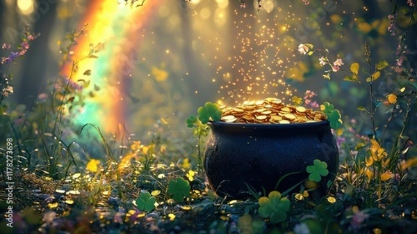 Fototapeta Magical pot of gold at end of rainbow for St. Patrick's Day celebration in enchanted forest with sunlight and clovers vibrant colors warm tones perfect for festive print design and posters