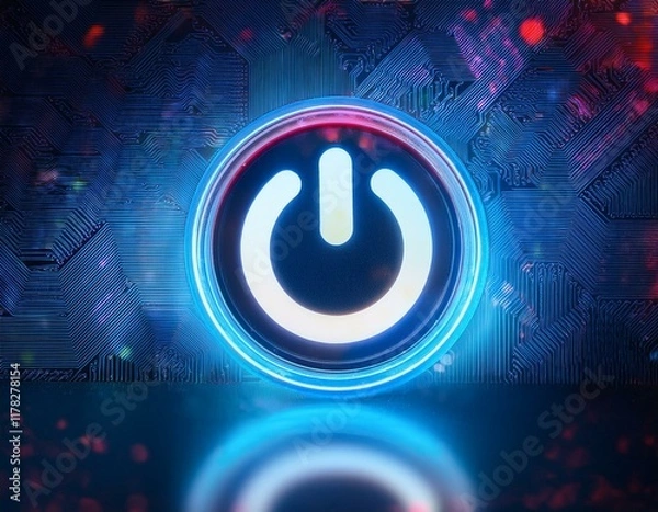 Fototapeta power on a futuristic neon glowing power button pulsates against a digital backdrop symbolizing the start of something groundbreaking