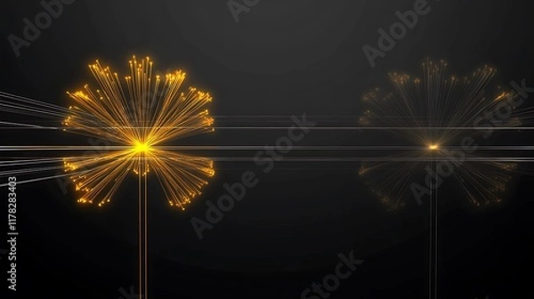 Obraz Abstract golden glowing dandelion-like forms on dark background.