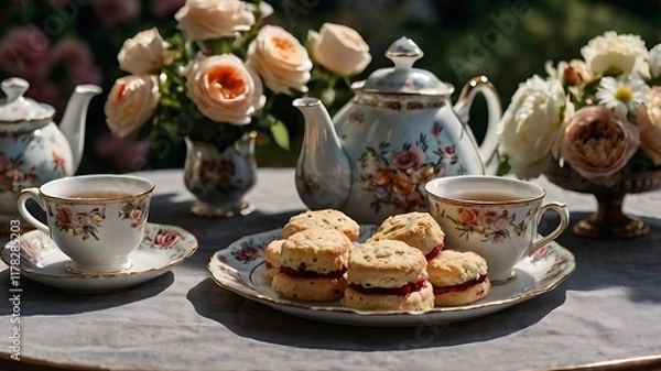 Fototapeta Traditional English Tea Set With A Floral Teapot, Matching Cups, And A Tiered Tray Of Scones And Biscuits