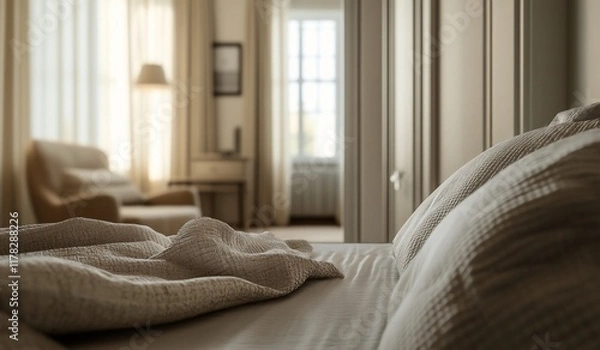 Fototapeta Close-up of neatly made bed with pillows and blanket in a sunlit bedroom.