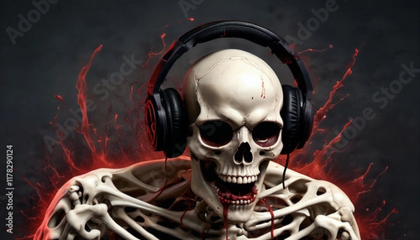 Obraz Skeleton enjoying music with headphones while surrounded by a dark and dramatic atmosphere