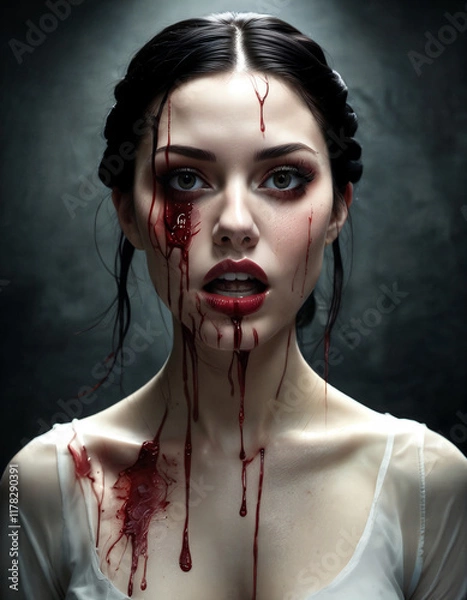 Obraz Woman with blood dripping down her face in a dark atmosphere during a horror-themed event