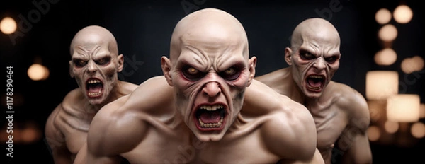 Obraz Disturbing figures in an eerie display evoke fear and tension in a dark setting