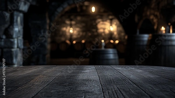 Fototapeta Dark wooden table in front of a blurred background of a dimly lit wine cellar with stone walls and oak barrels.