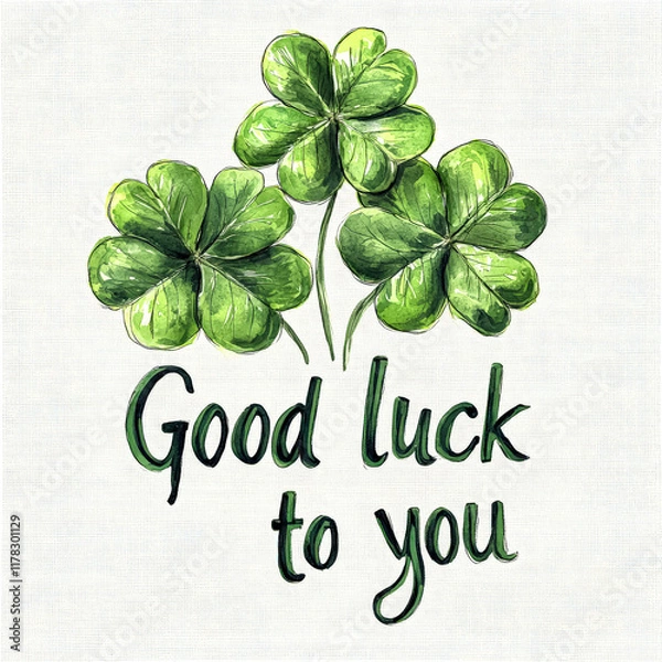 Fototapeta Drawing of four green clovers with the words Good Luck to You