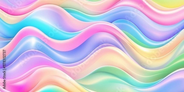 Fototapeta Abstract colorful background with soft, wavy patterns flowing horizontally. Vibrant pastel colors, including pink, blue, purple, green, and yellow, blend smoothly with a gradient effect.
