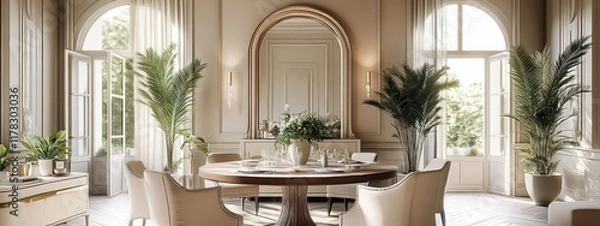 Fototapeta Luxurious dining room, Moroccan-inspired arched doorway, round wooden table, cream upholstered chairs, ornate ceiling molding, large potted plants, warm lighting, elegant table setting, symmetrical de