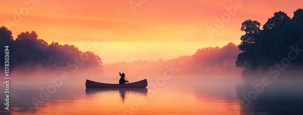 Fototapeta Serene Canoe Journey at Dawn Across Misty Lake with Colorful Sky