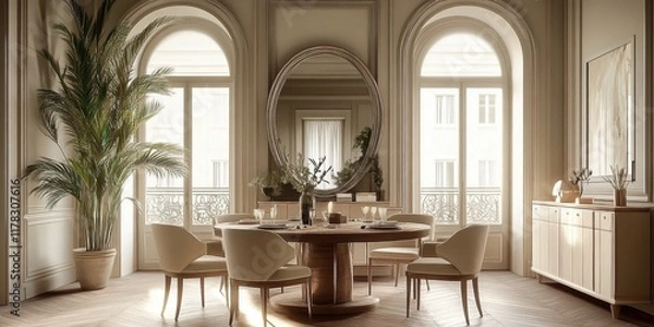 Fototapeta Elegant dining room, round wooden table, beige upholstered chairs, large circular mirror, natural light, indoor plants, neutral color palette, modern rustic design, white walls, arched windows, minima