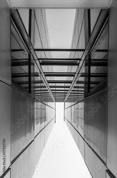 Fototapeta Urban Geometry, looking up to glass building. Modern architecture, glass and steel. Abstract architectural design. Inspirational, artistic image. Industrial design. .Modern building. Black and white.