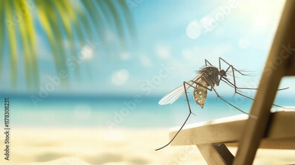 Obraz mosquito resting on beach chair with sunny beach scene in background, capturing essence of summer relaxation and nature small creatures
