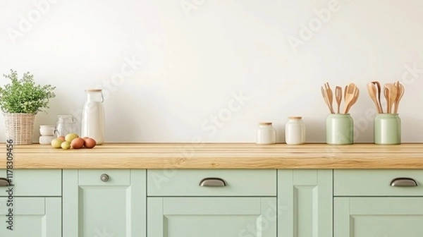 Fototapeta Minimalist kitchen counter with wooden countertop, light green cabinets, and kitchen utensils.