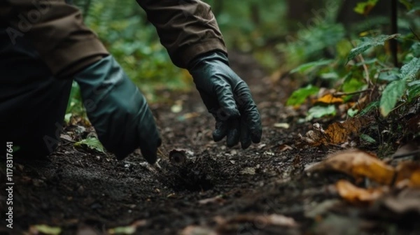 Fototapeta A person is digging in the dirt with gloves on