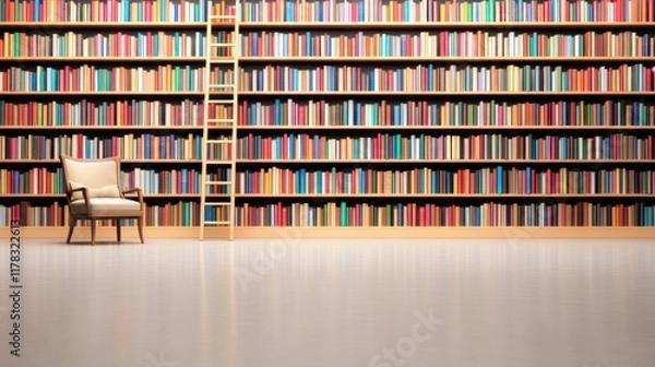 Fototapeta A cozy reading space with a ladder and a chair beside a book wall.