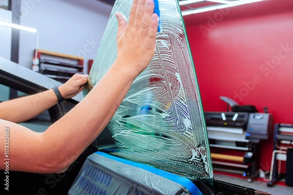 Fototapeta Worker is carefully applying window tint film to car rear window in a well lit workshop setting.