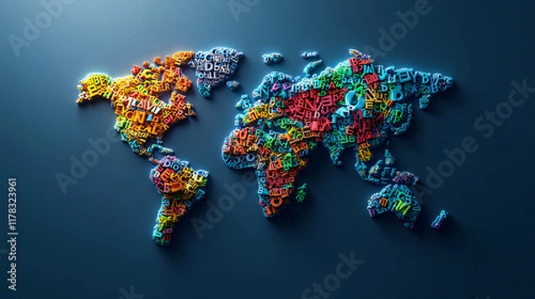 Fototapeta A vibrant world map made of letters, each continent filled with words from various languages, symbolizing global communication through language learning.  
