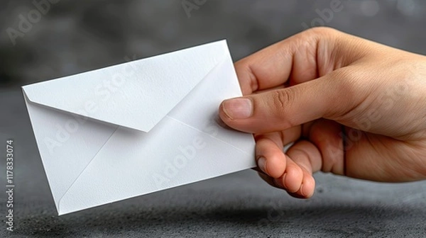 Fototapeta Hand holding white envelope on gray background, perfect for mailing or invitation