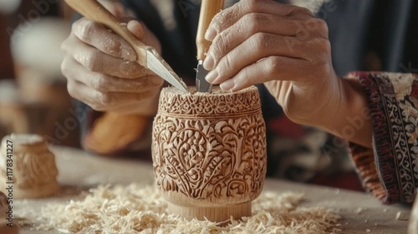 Fototapeta Close-up of hands carving intricate designs into a wooden figurine at a craft fair