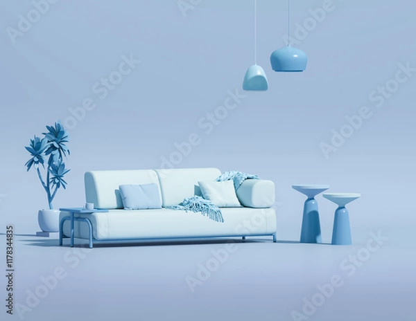 Fototapeta Interior of the room in plain monochrome pastel blue color with furnitures and room accessories. Light background with copy space. 3D rendering for web page, presentation or picture frame backgrounds.