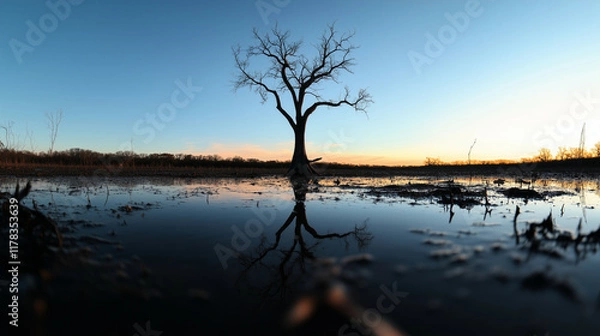 Fototapeta Isolated tree in a flooded wetland, mirrored perfectly in the still water, surrounded by minimal vegetation under a clear morning sky.
