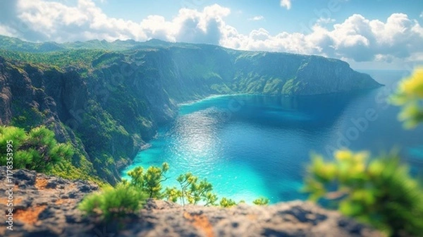Fototapeta A breathtaking coastal view showcasing cliffs and turquoise waters under a bright sky.