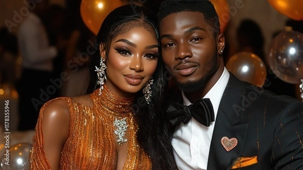 Fototapeta Stylish couple poses at a gala event with balloons and guests in the background
