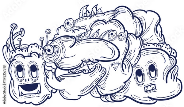 Fototapeta Doodle art pattern design in black and white brush style. It shows odd creatures interacting to give shape to new ones. The seamless design aligns in a mirrored way following two symmetrical axes