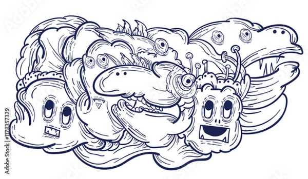 Fototapeta Doodle art pattern design in black and white brush style. It shows odd creatures interacting to give shape to new ones. The seamless design aligns in a mirrored way following two symmetrical axes