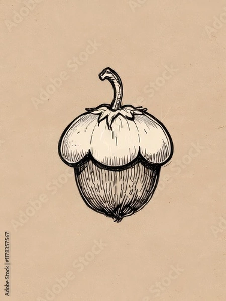 Fototapeta Acorn Illustration: A detailed ink drawing of a single acorn against a beige background. Perfect for autumnal designs, nature-themed projects, or rustic aesthetics.