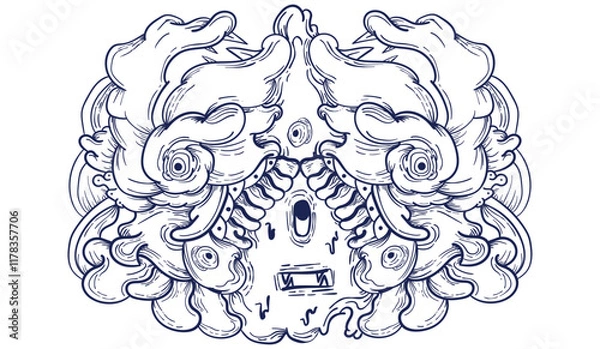 Fototapeta Doodle art pattern design in black and white brush style. It shows odd creatures interacting to give shape to new ones. The seamless design aligns in a mirrored way following two symmetrical axes