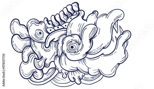 Fototapeta Doodle art pattern design in black and white brush style. It shows odd creatures interacting to give shape to new ones. The seamless design aligns in a mirrored way following two symmetrical axes