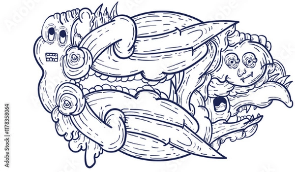 Fototapeta Doodle art pattern design in black and white brush style. It shows odd creatures interacting to give shape to new ones. The seamless design aligns in a mirrored way following two symmetrical axes