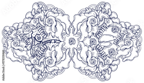 Fototapeta Doodle art pattern design in black and white brush style. It shows odd creatures interacting to give shape to new ones. The seamless design aligns in a mirrored way following two symmetrical axes