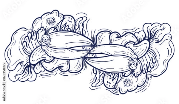 Fototapeta Doodle art pattern design in black and white brush style. It shows odd creatures interacting to give shape to new ones. The seamless design aligns in a mirrored way following two symmetrical axes