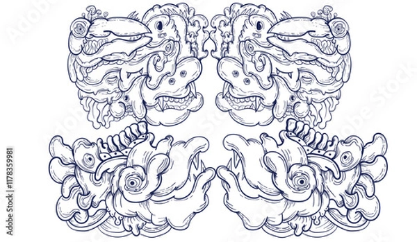 Fototapeta Doodle art pattern design in black and white brush style. It shows odd creatures interacting to give shape to new ones. The seamless design aligns in a mirrored way following two symmetrical axes